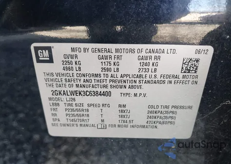 2012 GMC Terrain Slt-2 из США, поврежденный, VIN 2GKALWEK3C6384400